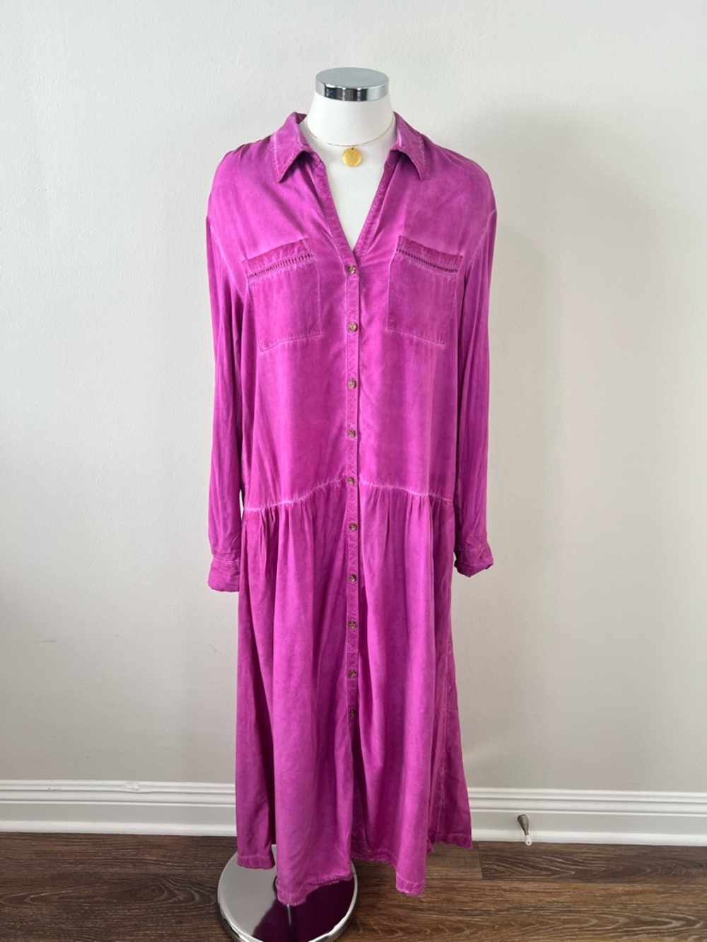 Anthropologie Pilcro Kimberly Midi Shirt Dress Pink Button Front Viscose Size S